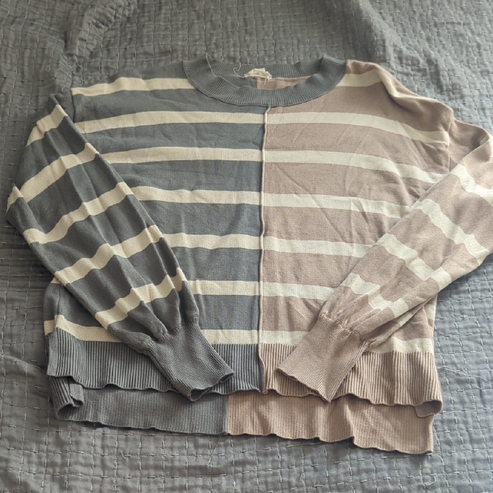 Hem & Thread Striped Gray and Tan Sweater